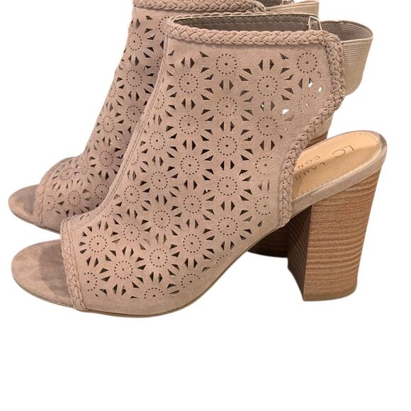 LC Lauren Conrad Static Taupe Laser Cut Peep Toe Booties 8.5 Block Heel Sandals - Picture 7 of 11